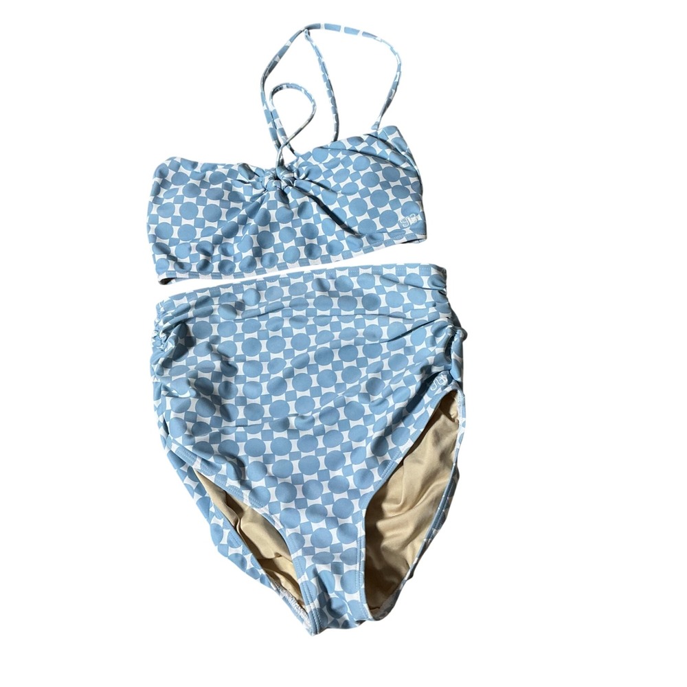 Albion Fit Blue Geometric Halter Bikini Top XS/S High Waisted Bottom 2 Piece Set